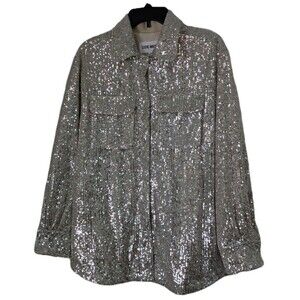 Steve Madden Silver Sequinned Snap Shirt Womens Large Lined Pockets Disco Party